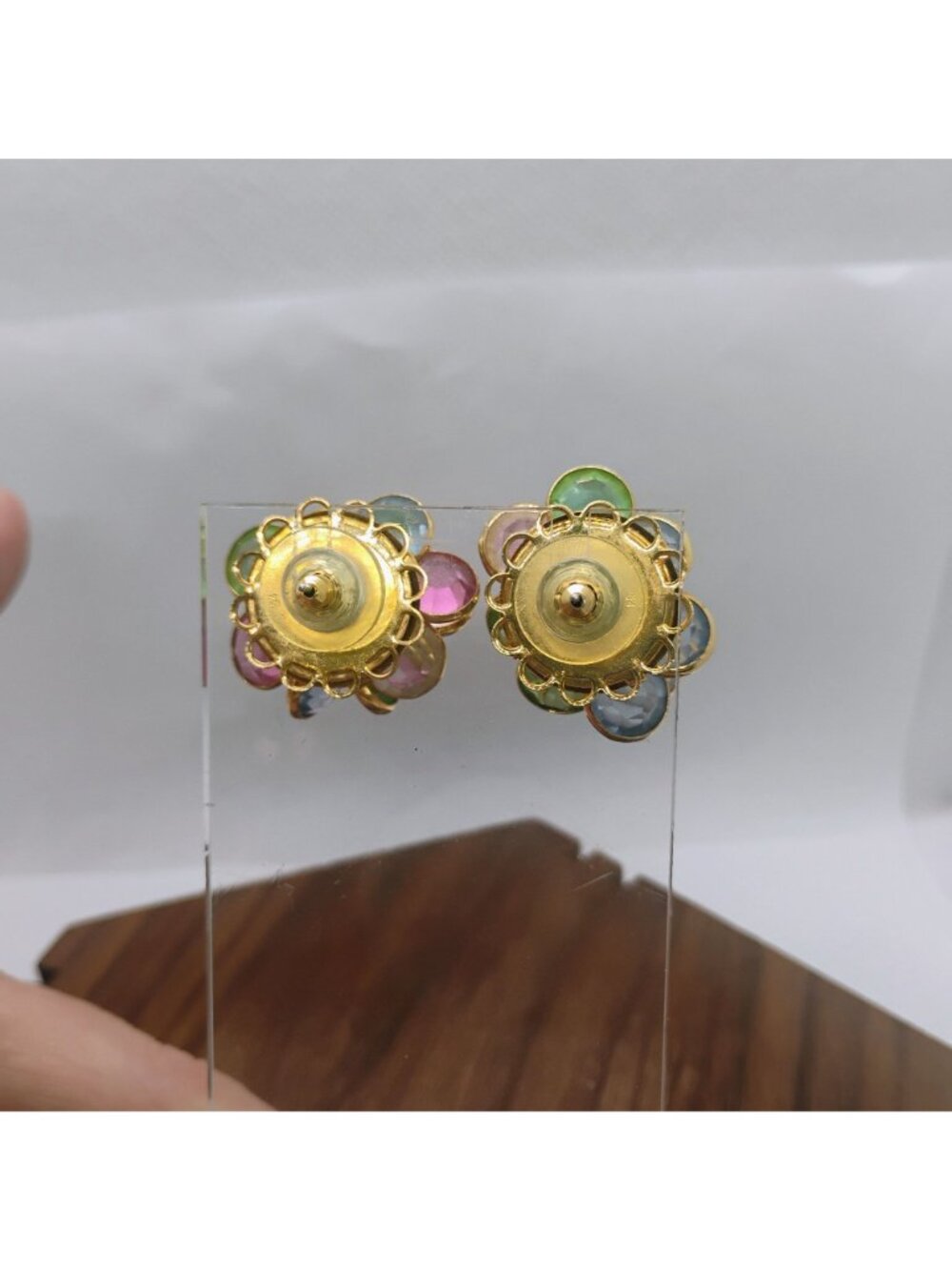 Vtg Bezel Set Crystal Cluster Earrings Gold Tone Pierced Pastel Colors - Picture 7 of 9